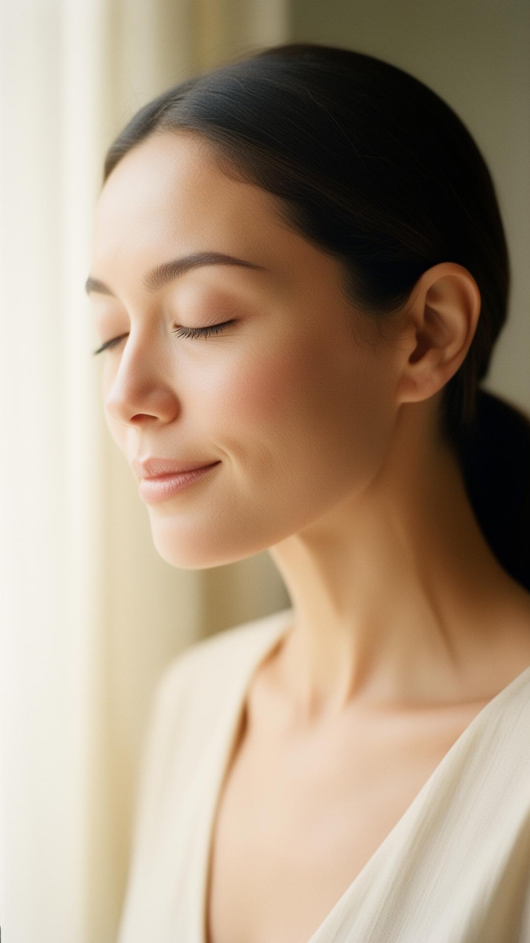 A woman with radiant, healthy skin in soft morning light