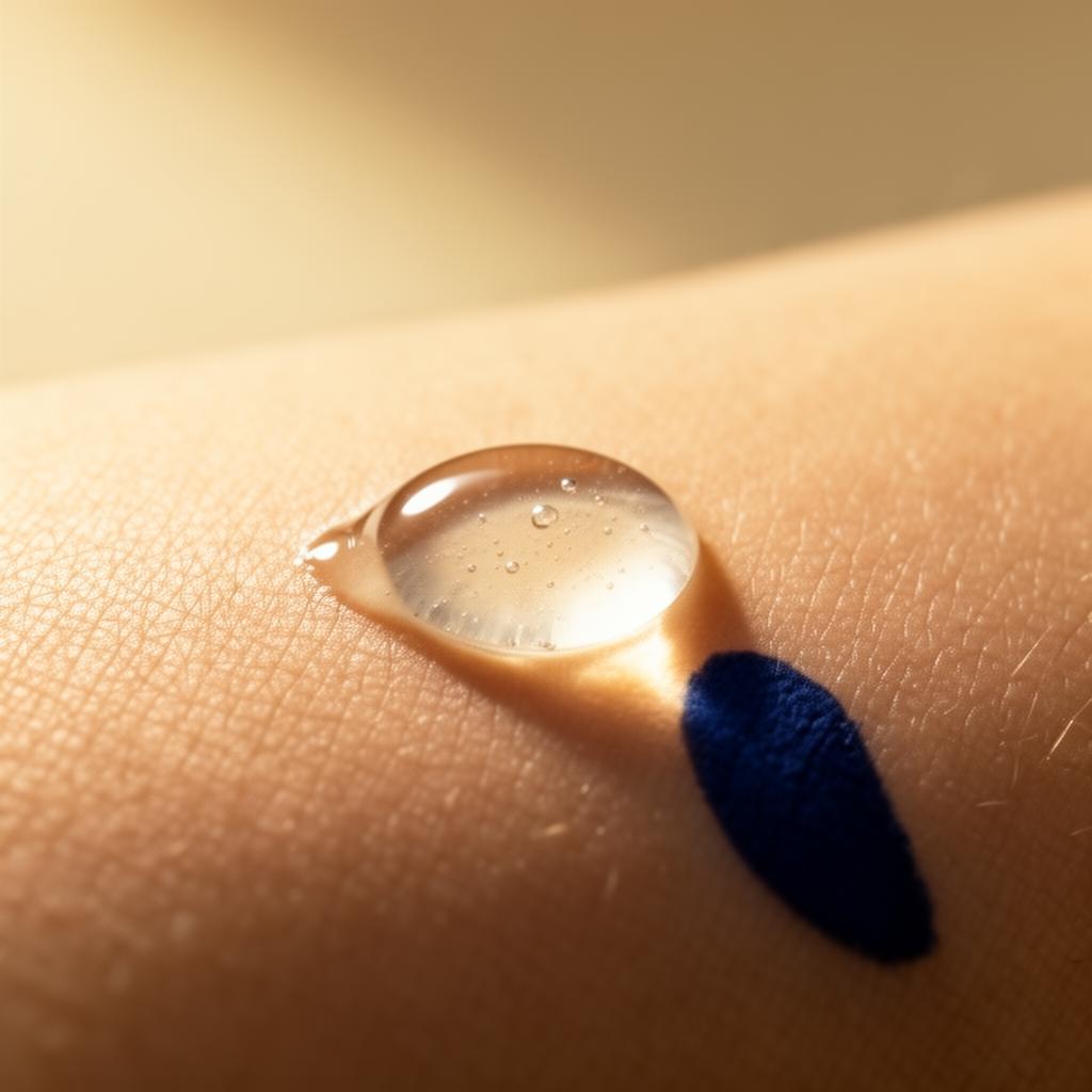 Translucent serum drop catching golden light on smooth skin