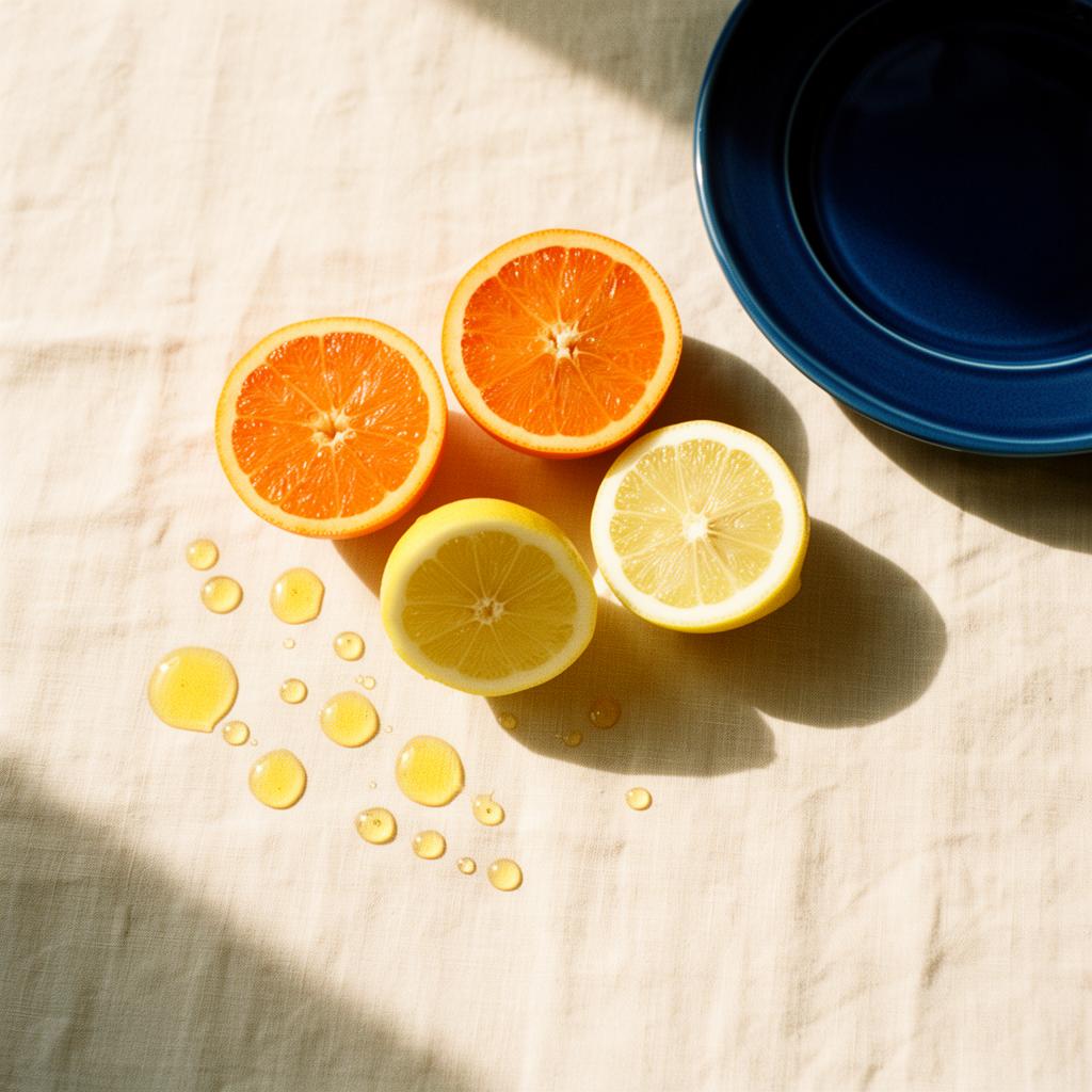 Fresh halved oranges and lemons with golden droplets on linen