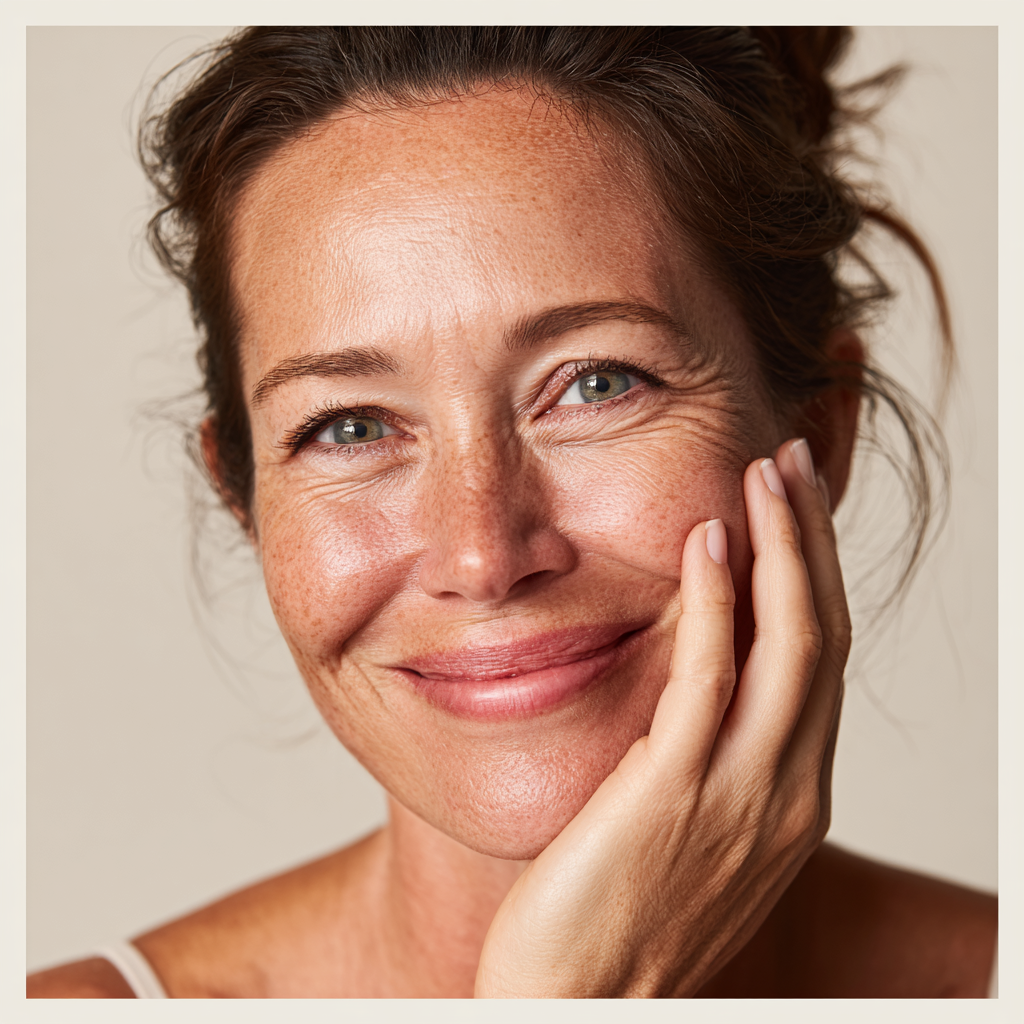 Smiling woman with freckles touching her cheek in soft natural light